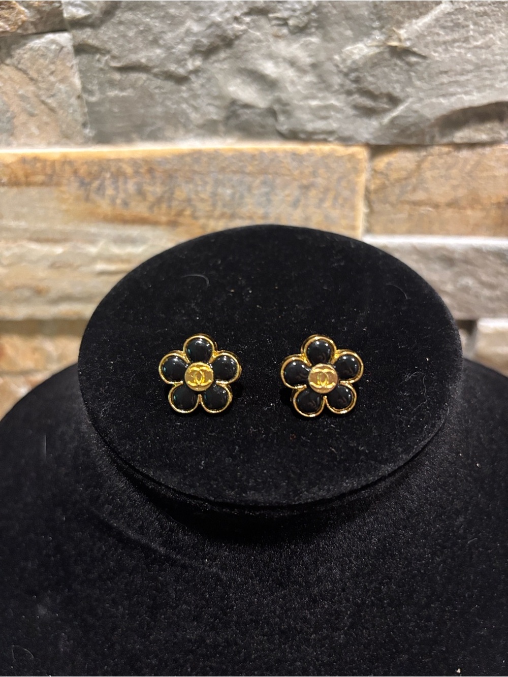 Black and Gold Flower CC Stud Earrings - Designer Style